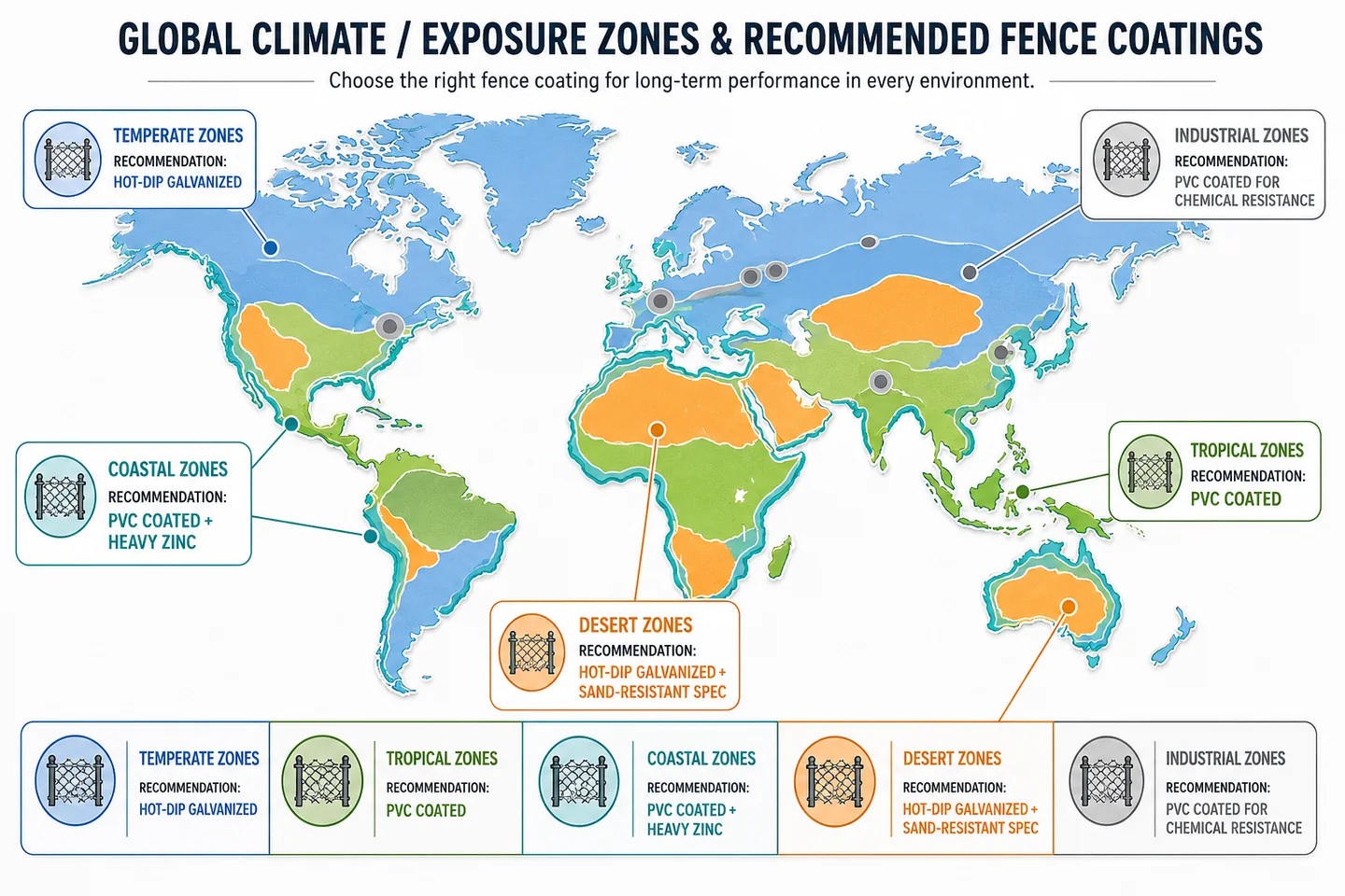 Global climate and exposure zones fence coating reference map