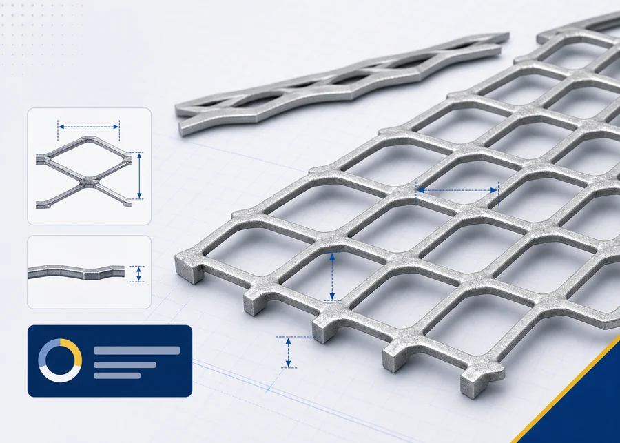 Expanded metal weight and open area calculator with diamond mesh detail