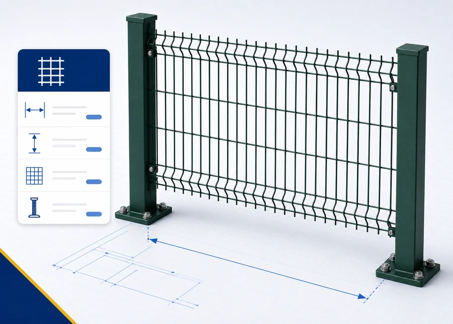 Fence panel quantity and post spacing calculator with welded mesh panel diagram