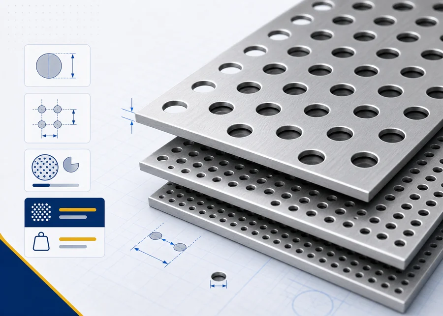 Perforated metal open area and sheet weight calculator with round hole diagram