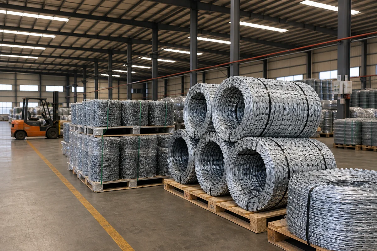Pallets of galvanized razor wire coils and barbed wire rolls packaged for export in a factory warehouse