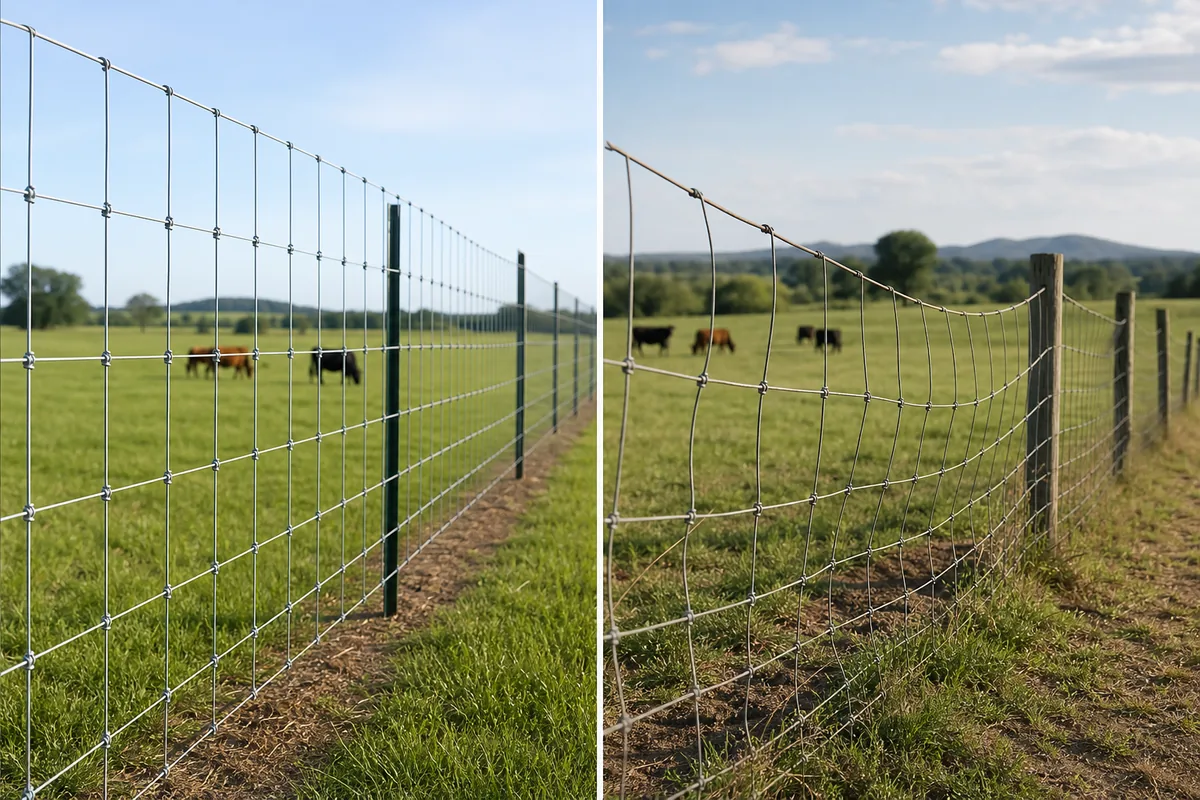 Comparison of consistent livestock fence mesh spacing and sagging inconsistent fence installation