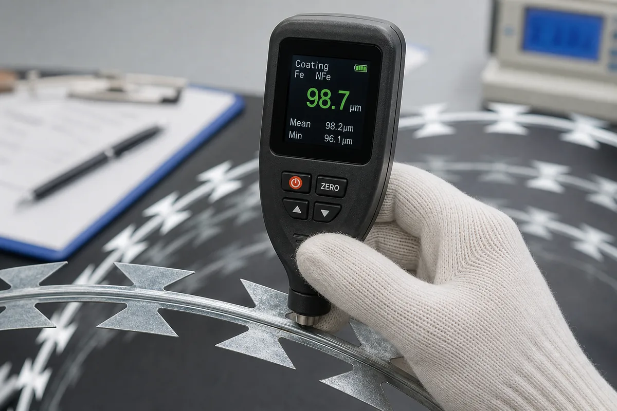 Zinc coating thickness measurement on razor wire blade using digital gauge for quality verification