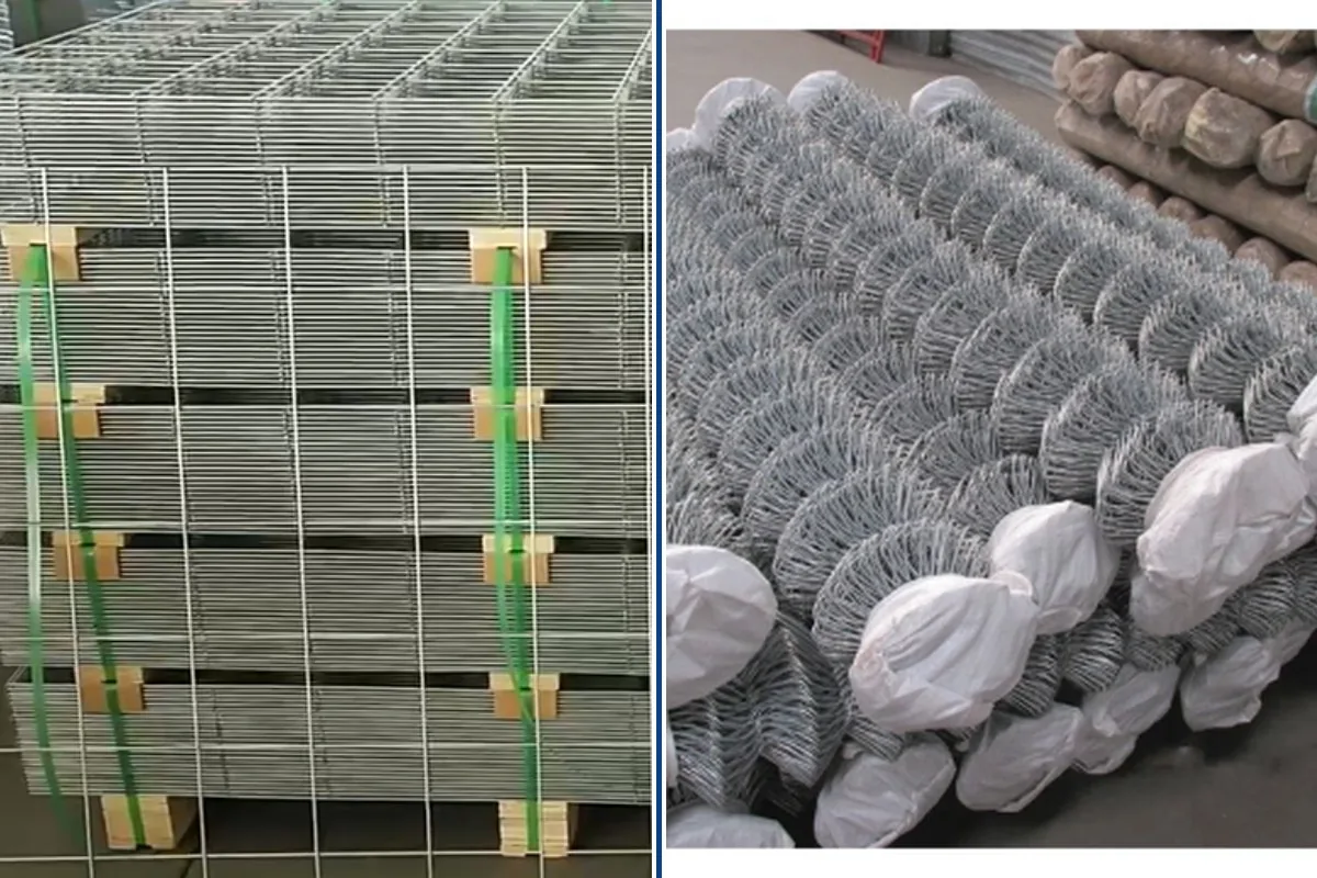 Close-up comparison of welded mesh panel structure and chain link fence roll structure