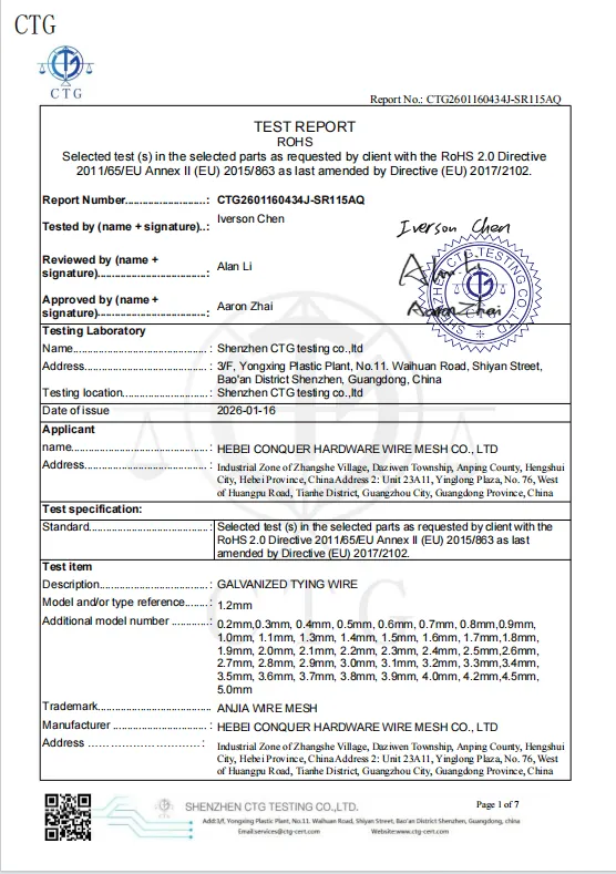 RoHS certificate for wire mesh and fencing materials