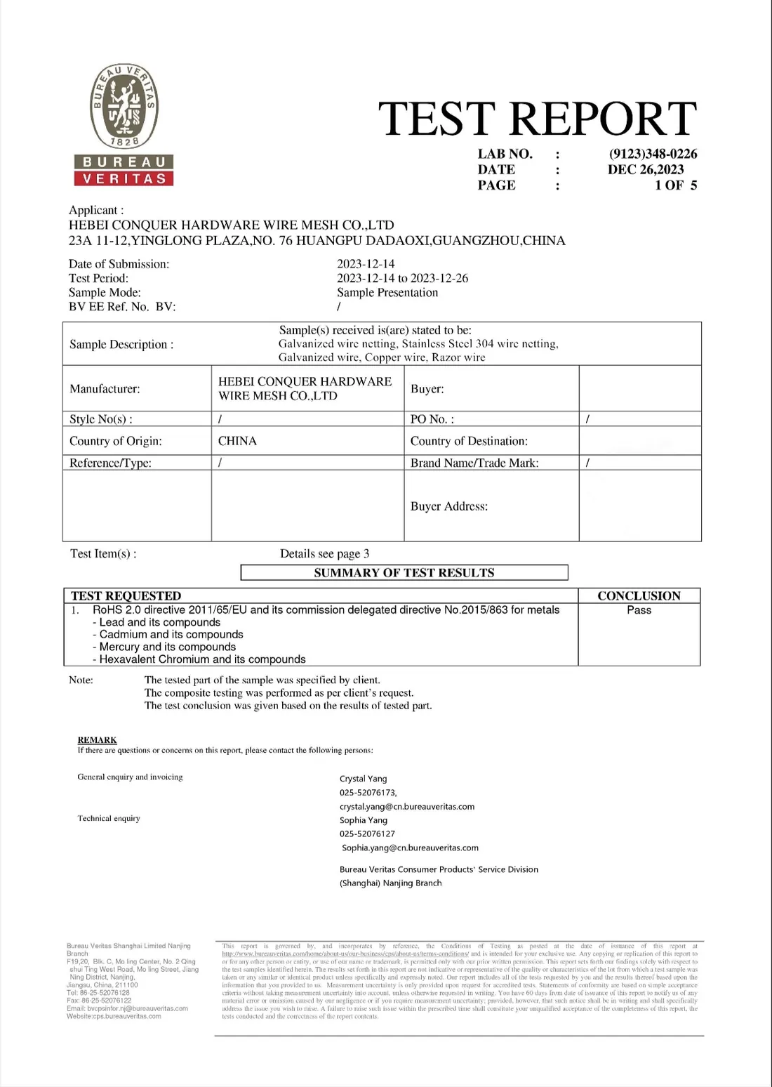 RoHS test report for wire products