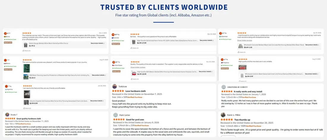Five star customer testimonials for ANJIA wire mesh products