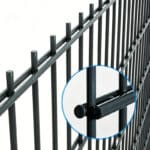 2D PVC coated double wire mesh fence with metal connector clamp detail closeup for perimeter security fencing | ANJIA