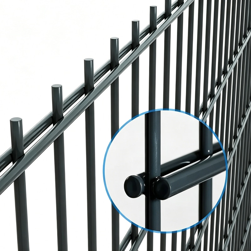 2D PVC coated double wire mesh fence with metal connector clamp detail closeup for perimeter security fencing | ANJIA