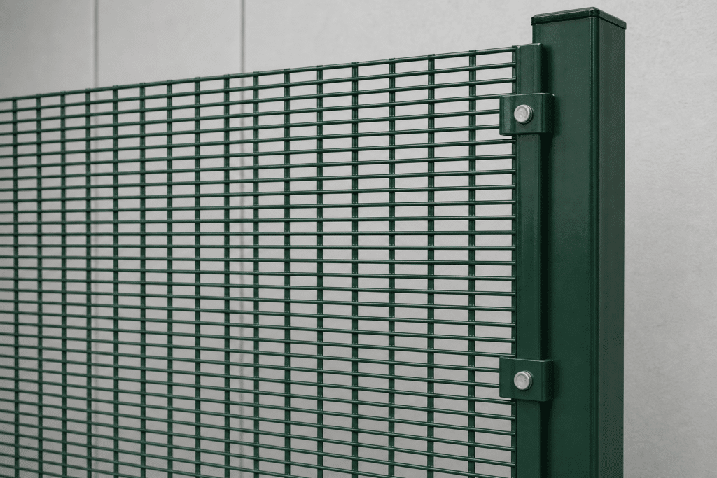 358 anti-climb fence mesh detail with narrow openings and green post clamp