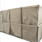 Galvanized welded wire defensive barrier unit being filled with sand at construction site by ANJIA Group