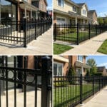 Multi-scene collage of black sword top palisade fence installed on villa front yard, residential sidewalk and commercial storefront | ANJIA