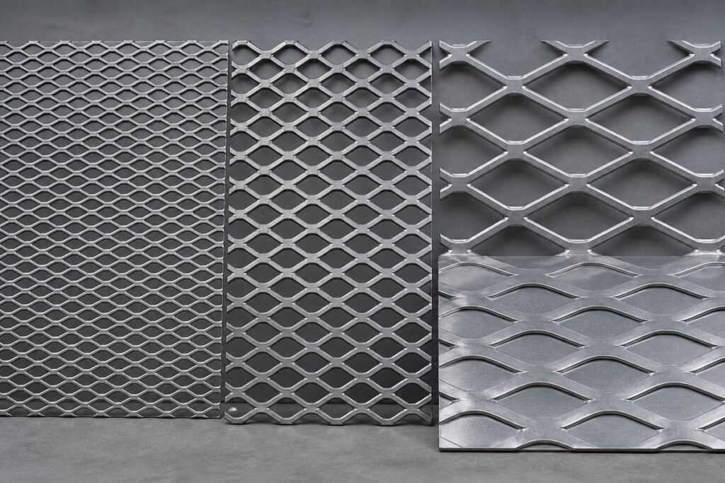 Expanded metal mesh sheets with different diamond opening sizes and raised or flattened profile comparison