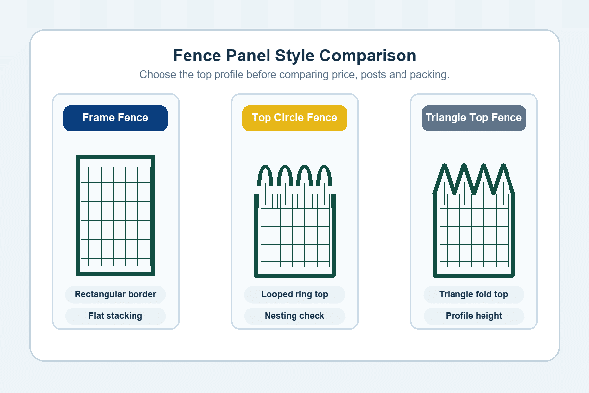 Frame fence top circle fence and triangle top fence style comparison for RFQ planning