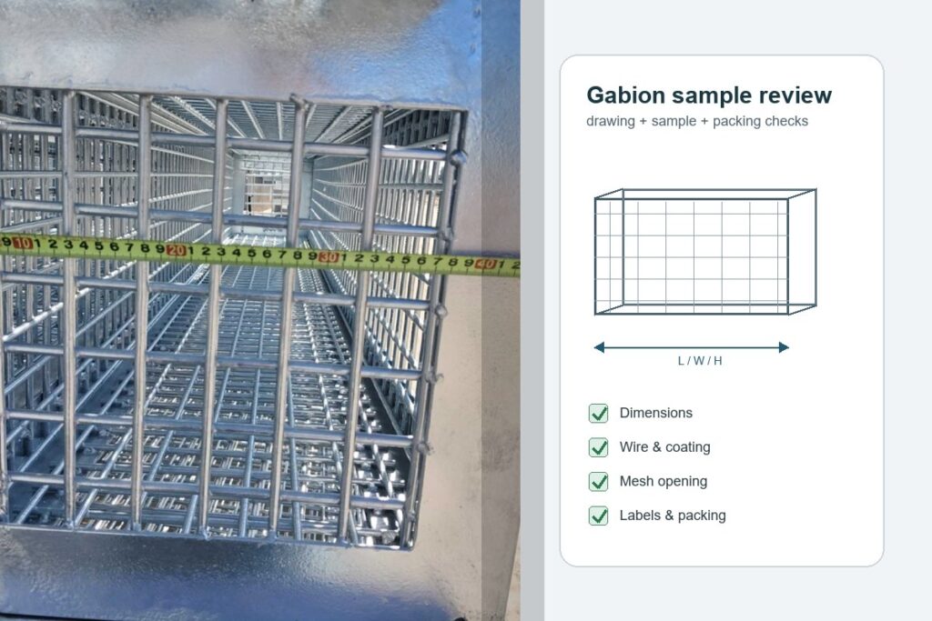 Gabion basket sample beside drawing review checklist before bulk production