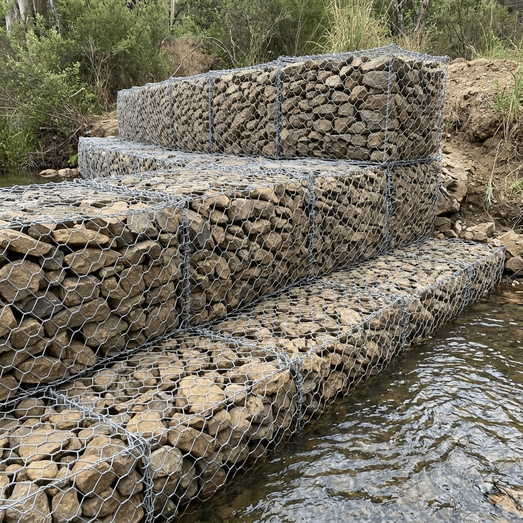 Stone filled galvanized hexagonal gabion baskets installed for river bank erosion control water conservancy project | ANJIA