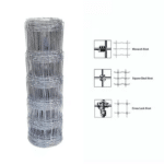 Hot dipped galvanized cattle farm fence roll with three knot types structure diagram (Monarch Knot, Square Deal Knot, Cross Lock Knot) on white background | ANJIA