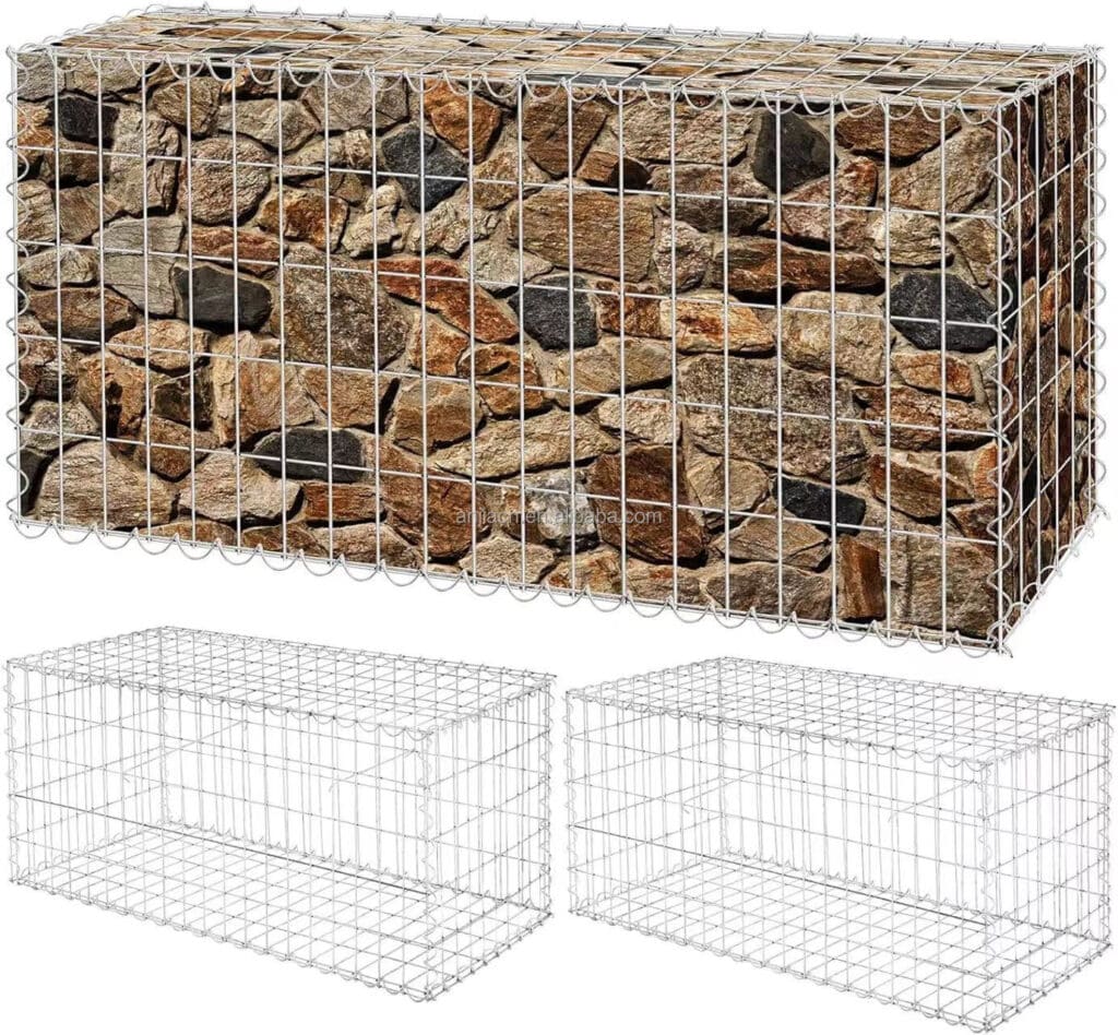 Stone filled welded gabion box effect with structure drawing display for retaining wall project design | ANJIA