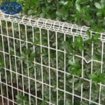 White PVC coated BRC top double circle woven wire mesh fence close-up detail with green bushes background for garden landscape security decoration | ANJIA