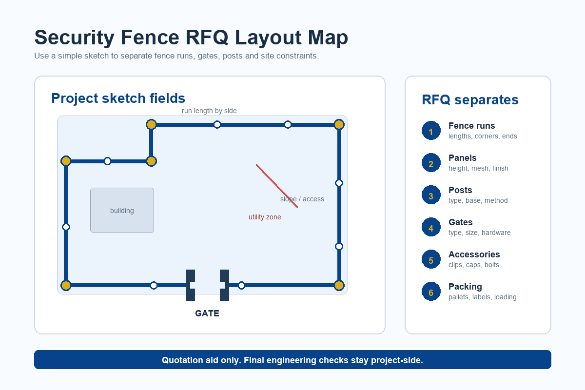 Security fence RFQ layout diagram showing fence line, gate, posts and site constraints
