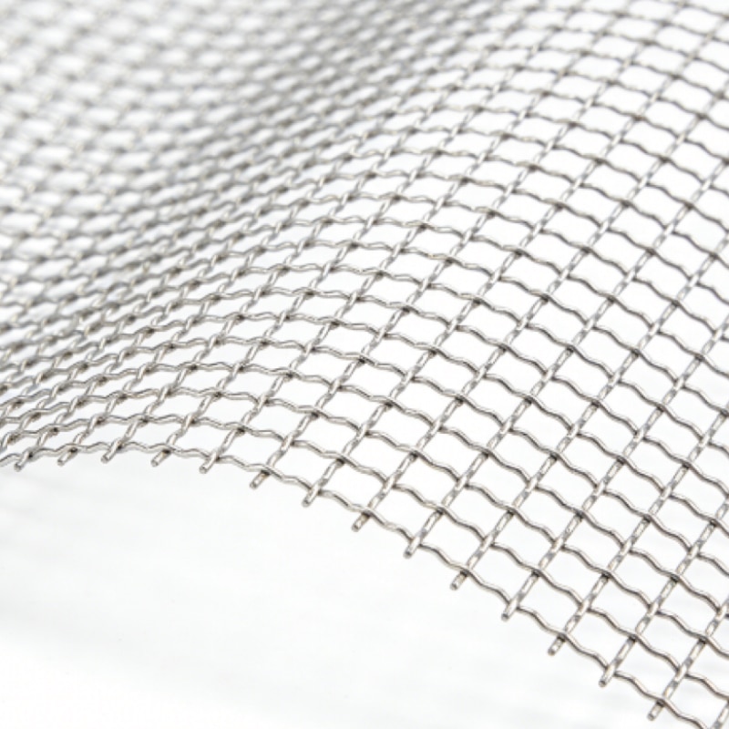 Close-up detail of stainless steel square crimped woven wire mesh surface texture on pure white background | ANJIA