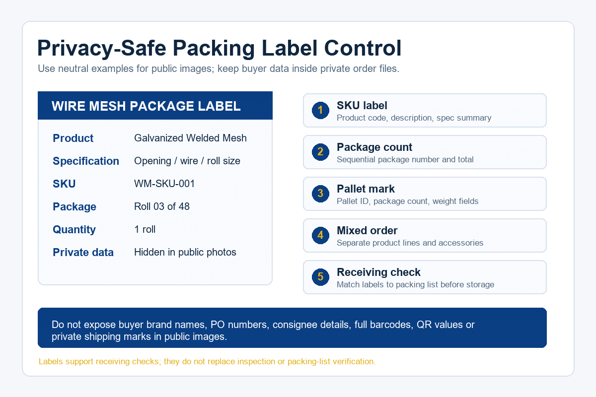 Privacy-safe wire mesh packing label checklist with neutral SKU fields