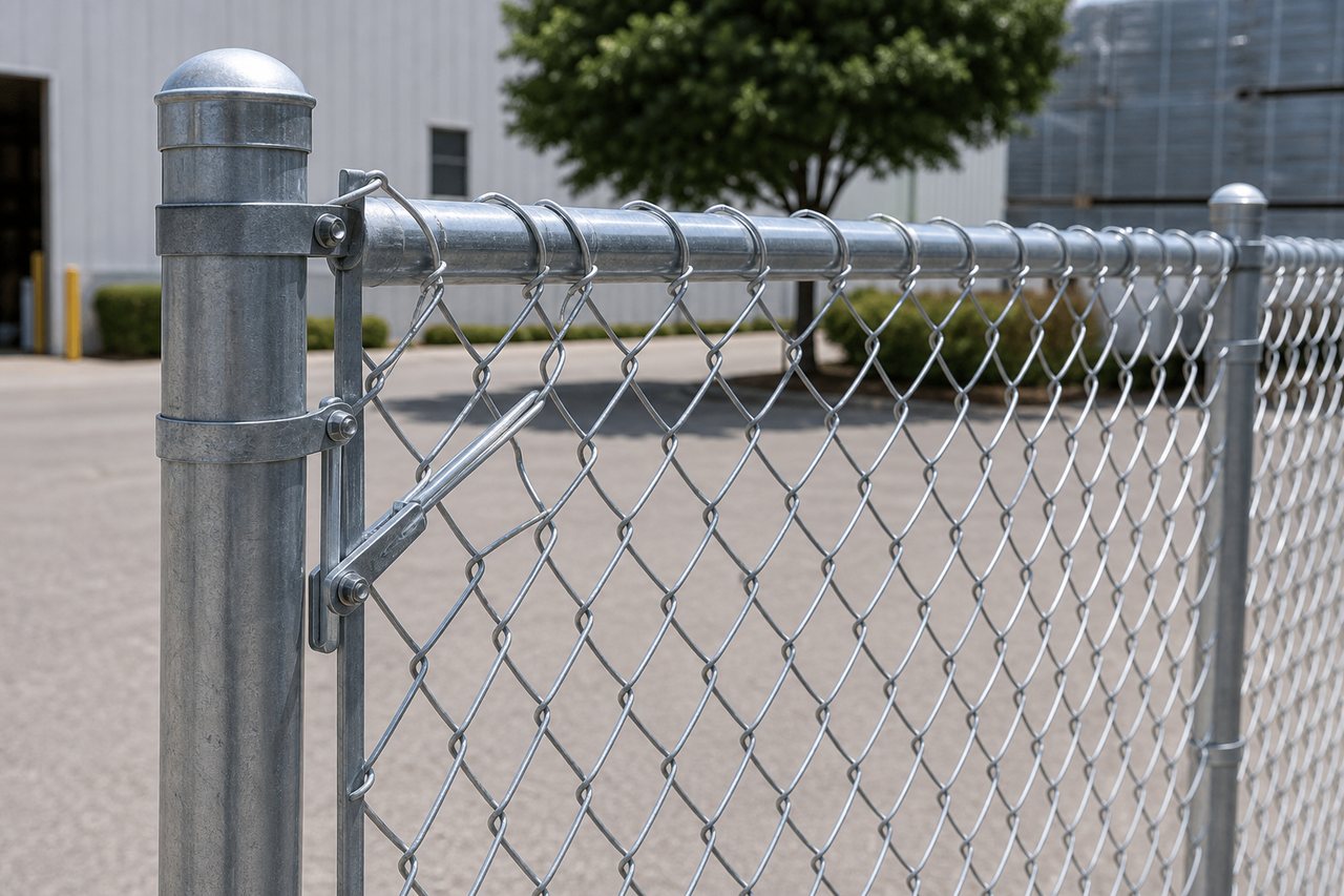 Chain link fence installation detail with post top rail tension bar and fittings