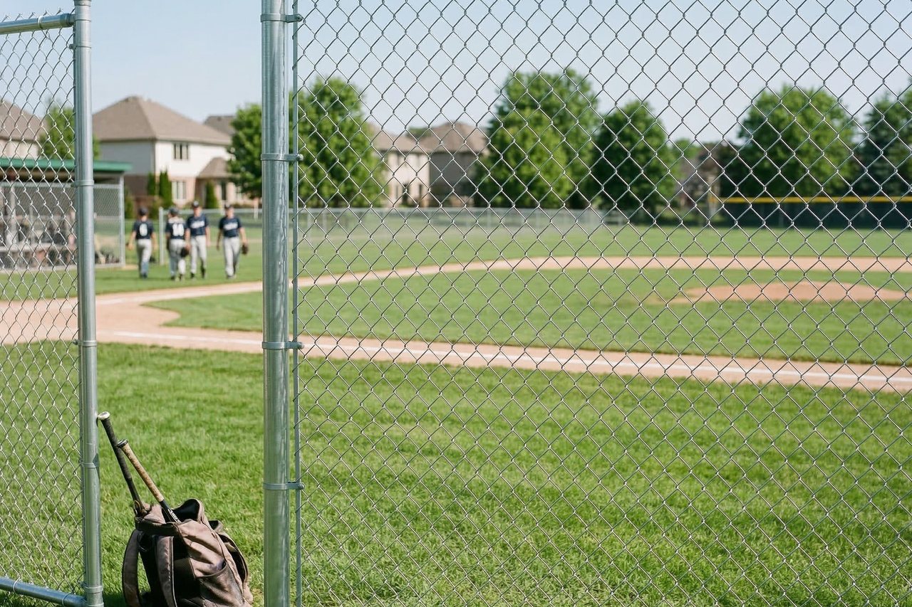 Chain link fence installed around sports field perimeter with galvanized posts and top rail
