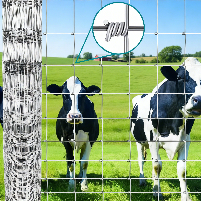 Field fence mesh roll and knot detail for livestock fencing specification comparison