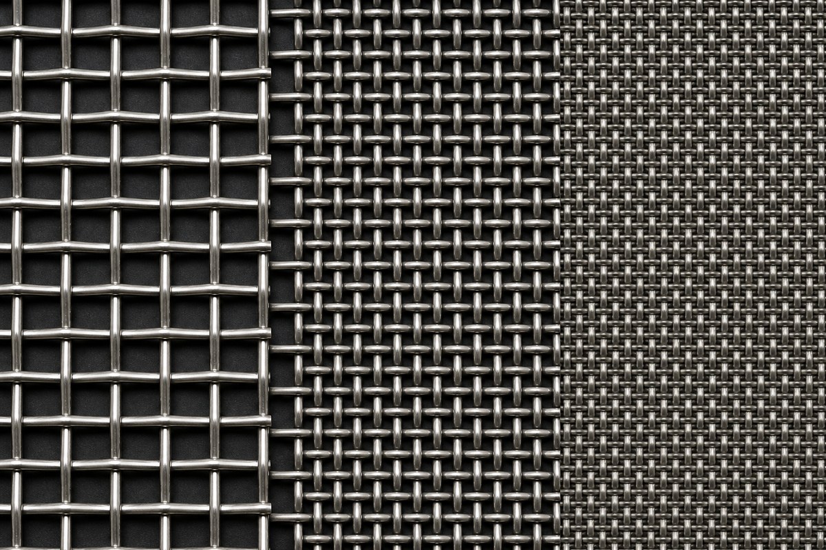 Macro comparison of plain weave, twill weave and dense Dutch weave stainless steel wire mesh patterns
