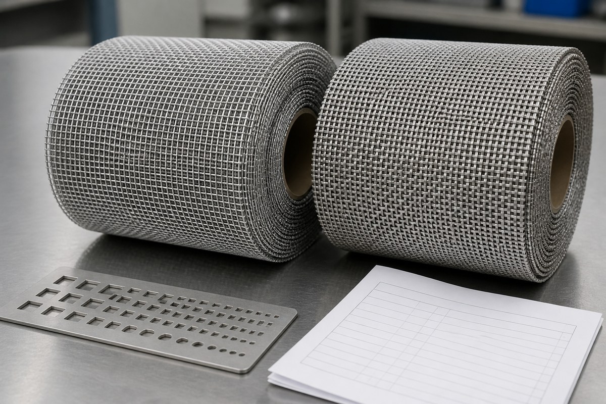 Stainless steel wire mesh rolls displayed with mesh count gauge and blank material certificate